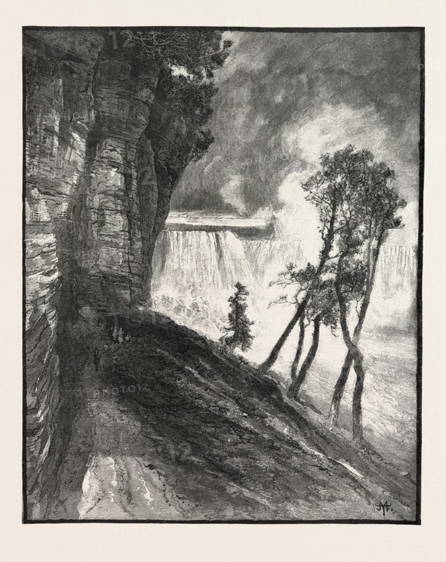 THE HORSE-SHOE FALL, FROM UNDER CLIFF AT GOAT ISLAND, CANADA, NINETEENTH CENTURY ENGRAVING
