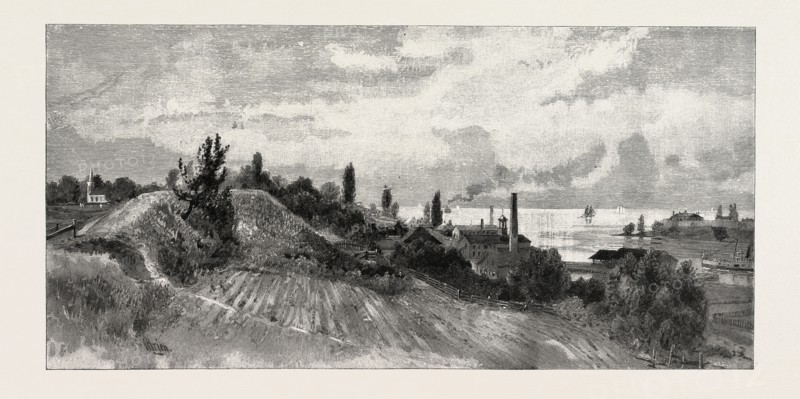 MOUTH OF THE RIVER, FROM RAMPARTS OF OLD FORT GEORGE. Fort Niagara, on the American shore, opposite, CANADA, NINETEENTH CENTURY ENGRAVING