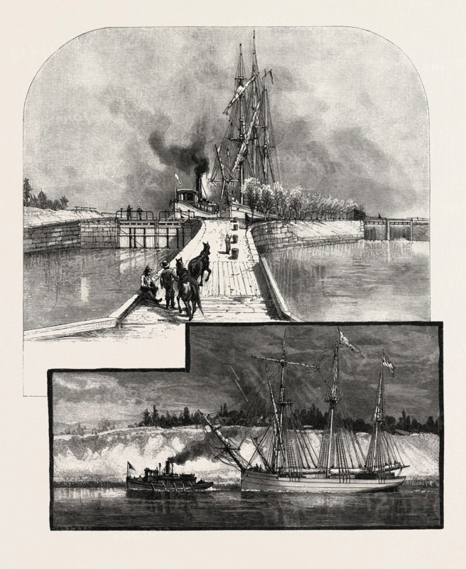 THE DEEP CUT AND LOCK NO 1, NEW WELLAND CANAL, CANADA, NINETEENTH CENTURY ENGRAVING
