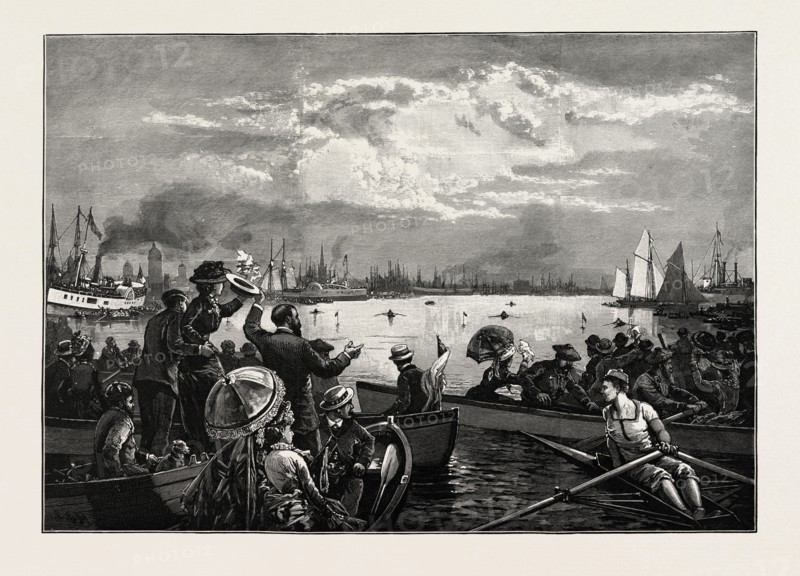 TORONTO HARBOUR, A SCULLING MATCH, CANADA, NINETEENTH CENTURY ENGRAVING