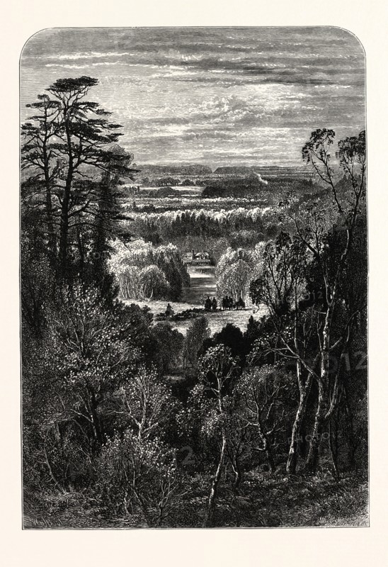THE FISHING TEMPLE, VIRGINIA WATER, FROM THE BELVIDERE. village being in the Borough of Runnymede in Surrey, UK, britain, british, europe, united kingdom, great britain, european