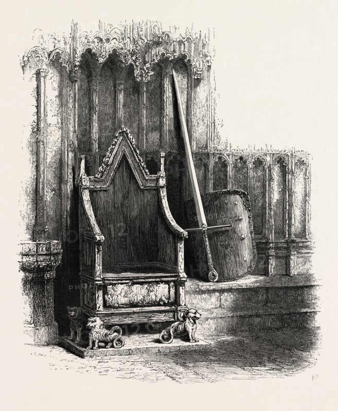 Coronation Chair, with Sword and Shield of Edward III., Westminster Abbey, LONDON, UK, britain, british, europe, united kingdom, great britain, european
