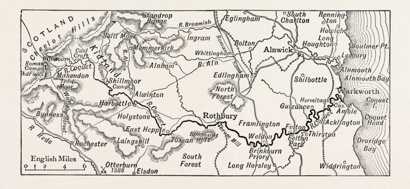 MAP OF THE COURSE OF THE COQUET, UK. The River Coquet runs through the county of Northumberland, England, discharging into the North Sea on the east coast of England at Amble.