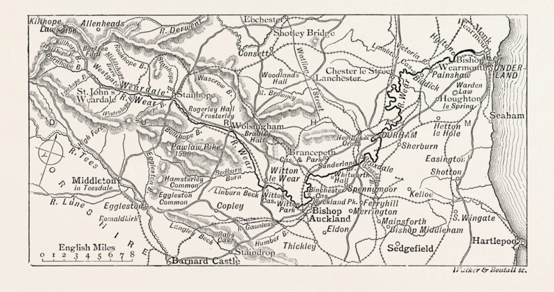 MAP OF THE COURSE OF THE WEAR, in North East England rises in the Pennines and flows eastwards, mostly through County Durham to the North Sea in the City of Sunderland.Is one of the region's longest rivers, wends in a steep valley through the cathedral city of Durham and gives its name to Weardale in its upper reach and Wearside by its mouth. UK