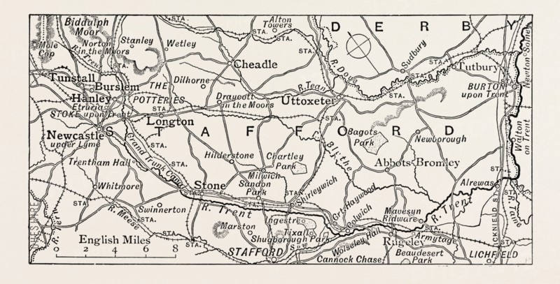 MAP OF THE TRENT, FROM THE SOURCE TO NEWTON SOLNEY, UK. The River Trent is one of the major rivers of England.