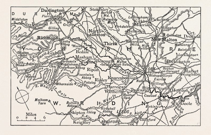 MAP OF THE COURSE OF THE OUSE, UK. The River Ouseis a river in North Yorkshire, England.