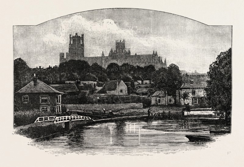 ELY CATHEDRAL, FROM THE RIVER, UK. Ely Cathedral (in full, The Cathedral Church of the Holy and Undivided Trinity of Ely) is the principal church of the Diocese of Ely, in Cambridgeshire, England, and is the seat of the Bishop of Ely and a suffragan bishop, the Bishop of Huntingdon. It is known locally as the ship of the Fens, because of its prominent shape that towers above the surrounding flat and watery landscape