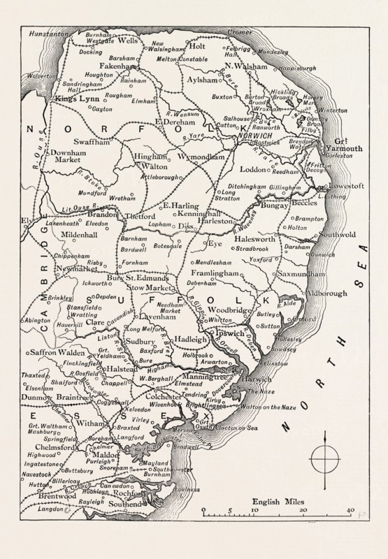 MAP OF THE EAST ANGLIAN RIVERS, UK
