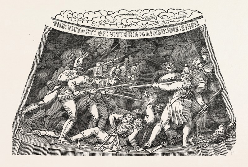THE SEVENTH COMPARTMENT OF THE WELLINGTON SHIELD. The Wellington shield 1820, Thomas Stothard, 1755 - 1834, engravings. The silver shield itself was made by Benjamin Smith. The shield commemorate the victories of the Duke of Wellington.