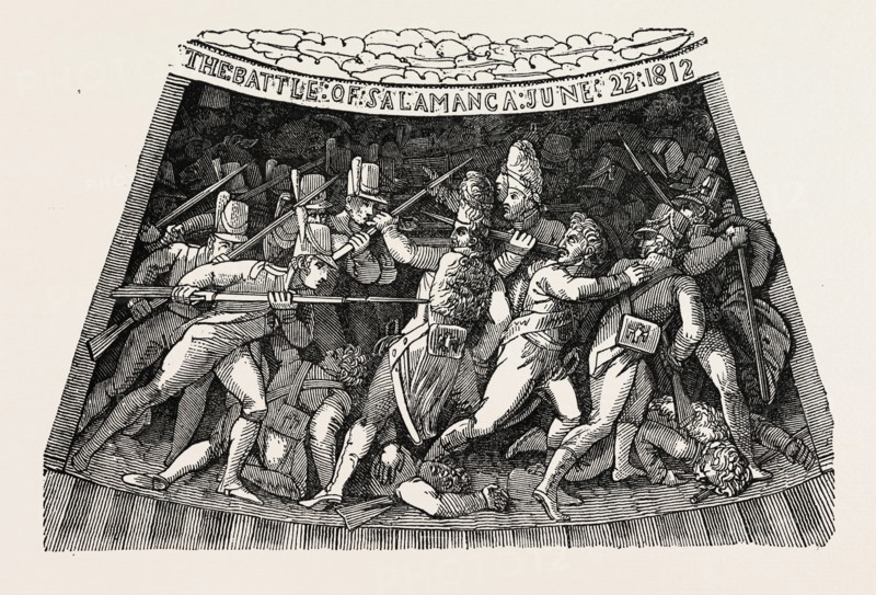 THE SIXTH COMPARTMENT OF THE WELLINGTON SHIELD. The Wellington shield 1820, Thomas Stothard, 1755 - 1834, engravings. The silver shield itself was made by Benjamin Smith. The shield commemorate the victories of the Duke of Wellington. UK, britain, british, europe, united kingdom, great britain, european