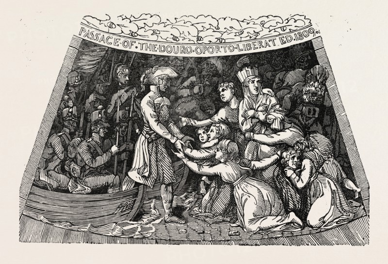 THE PASSAGE OF THE DOURO. The Wellington shield 1820, Thomas Stothard, 1755 - 1834, engravings. The silver shield itself was made by Benjamin Smith. The shield commemorate the victories of the Duke of Wellington. UK, britain, british, europe, united kingdom, great britain, european