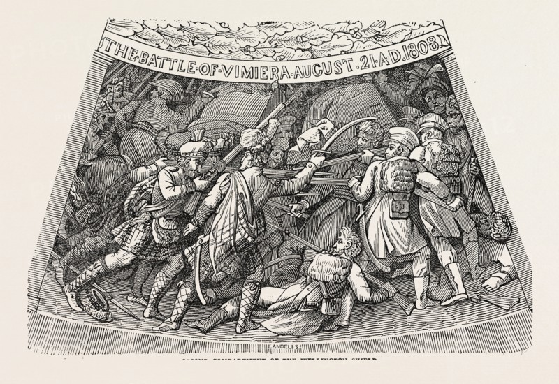 SECOND COMPARTMENT OF THE WELLINGTON SHIELD. The Wellington shield 1820, Thomas Stothard, 1755 - 1834, engravings. The silver shield itself was made by Benjamin Smith. The shield commemorate the victories of the Duke of Wellington. UK, britain, british, europe, united kingdom, great britain, european