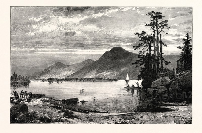 FOURTEEN-MILE ISLAND, LAKE GEORGE. THOMAS MORAN,  England was an American painter and printmaker of the Hudson River School in New York whose work often featured the Rocky Mountains. USA