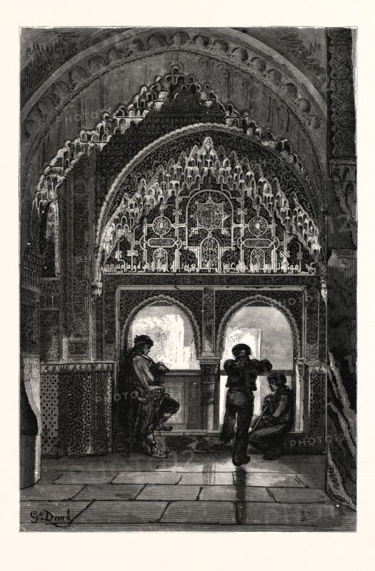 HALL OF LINDARAJA, ALHAMBRA, GRANADA. Gustave Doré.  A palace and fortress complex located in Granada, Andalusia, Spain. It was originally constructed as a fortress in 889.