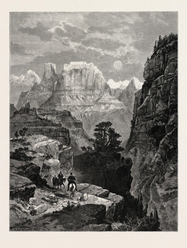 TEMPLE OF THE VIRGIN, MU-KOON-TU-WEAP VALLEY, UTAH, USA. Thomas Moran (February 12, 1837 â€ì August 25, 1926) from Bolton, England was an American painter and printmaker of the Hudson River School in New York whose work often featured the Rocky Mountains.