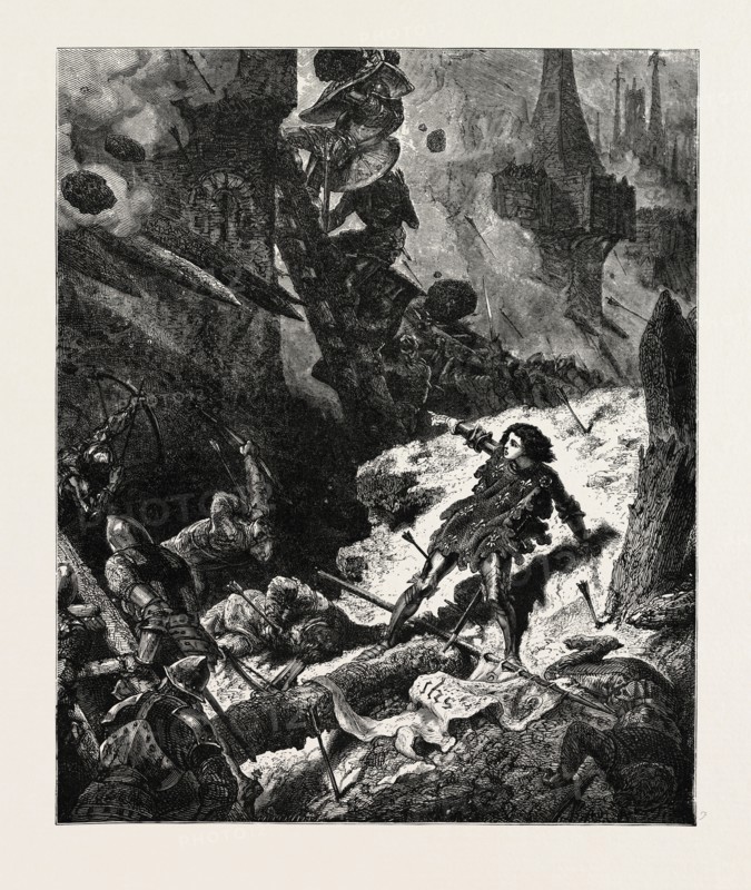 JOAN OF ARC (JEAND'ARC) AT THE SIEGE OF PARIS, FRANCE.  is a folk heroine of France and a Roman Catholic saint. She was born a peasant girl in what is now eastern France. Claiming divine guidance, she led the French army to several important victories during the Hundred Years' War, which paved the way for the coronation of Charles VII of France. She was captured by the Burgundians, transferred to the English in exchange for money, put on trial by the pro-English Bishop of Beauvais Pierre Cauchon for charges of insubordination and heterodoxy.