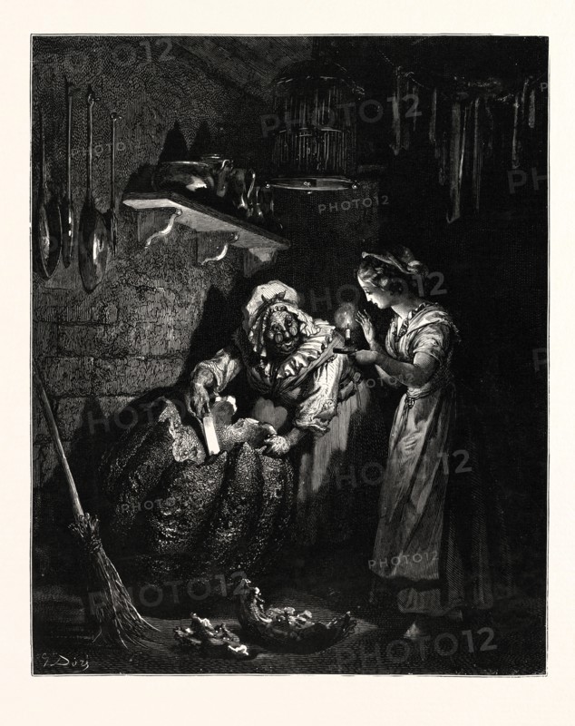 CINDERELLA'S PUMPKIN. Gustave Doré.  Cinderella, or The Little Glass Slipper, Cendrillon, ou La petite Pantoufle de Verre,Cenerentola,Aschenputtel,  is a folk tale embodying a myth-element of unjust oppression/triumphant reward.