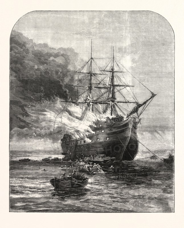 DESTRUCTION OF THE GOLIATH TRAINING SHIP, OFF GRAYS, ESSEX, BY FIRE, 1876, UK, britain, british, europe, united kingdom, great britain, european