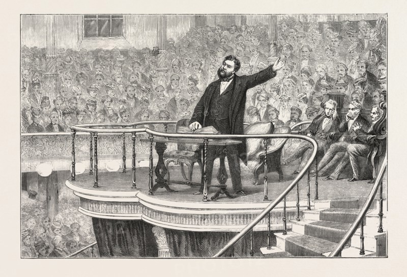 The south London tabernacle, mr. C.H. Spurgeon preaching on Sunday, 1876, UK, britain, british, europe, united kingdom, great britain, european