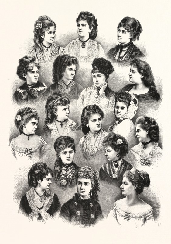 HEADS OF THE FAIR SEX. HAIR, WOMAN,  ENGRAVING 1876, haircut, hair dressing, coiffure, beauty, fashion, hairstyle, hairdo, lady