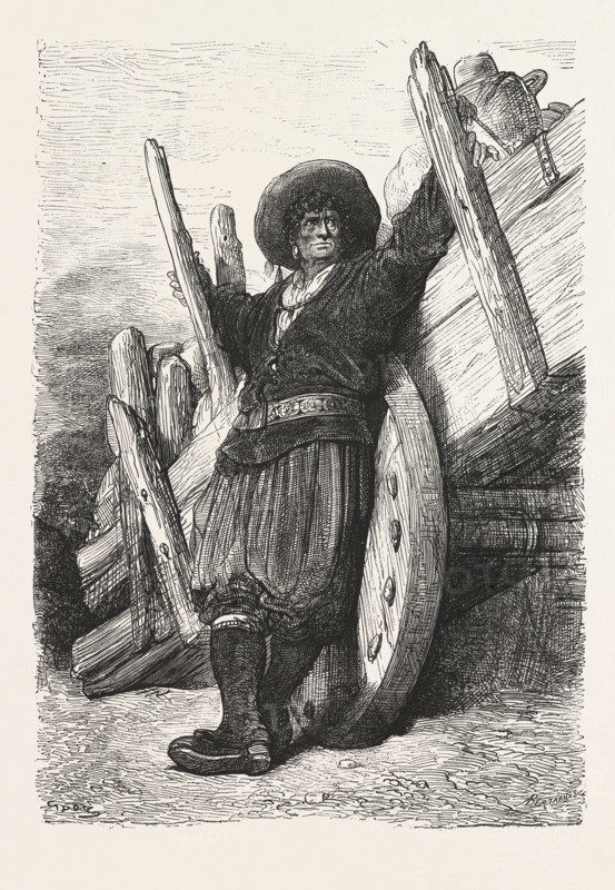 A SPANISH CHESTNUT MERCHANT AND NATIVE CART, SPAIN, ENGRAVING 1876
