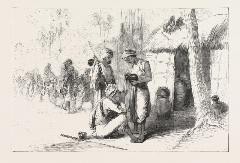 TRAVELLING IN INDIA: WAYSIDE SHED FOR SUPPLYING TRAVELLERS WITH WATER. ENGRAVING 1876
