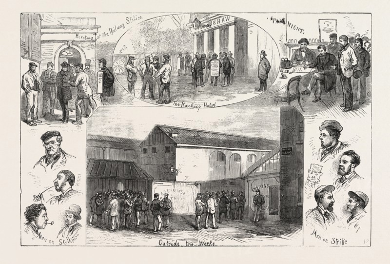 SKETCHES AT ERITH DURING THE STRIKE, a district of southeast London on the River Thames, ENGRAVING 1876, UK, britain, british, europe, united kingdom, great britain, european