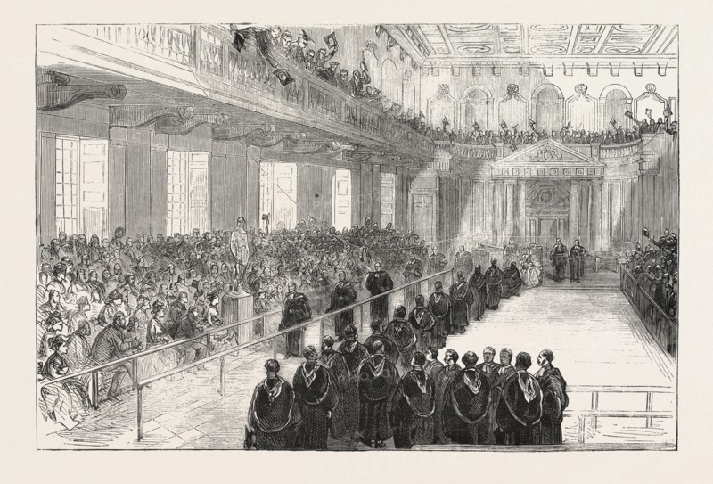CONFERRING DEGREES IN THE SENATE HOUSE, CAMBRIDGE: PRESENTING THE WOODEN SPOON, ENGRAVING 1876, UK, britain, british, europe, united kingdom, great britain, european