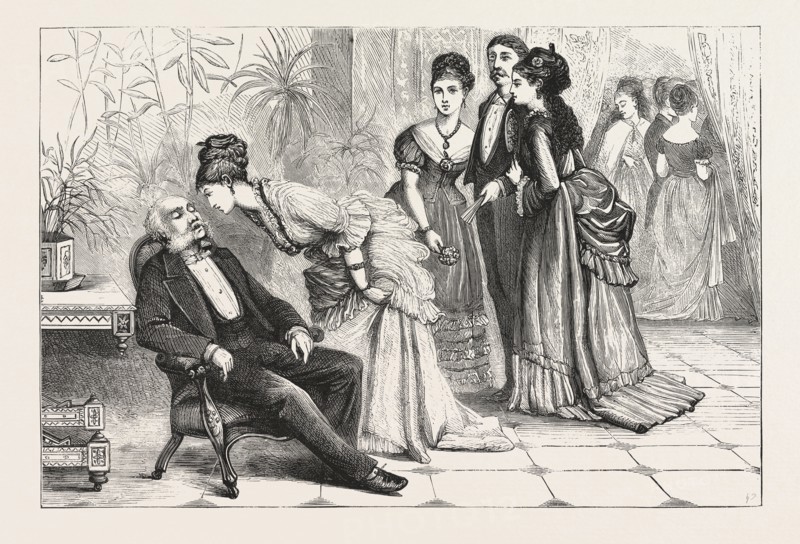 WINNING THE GLOVES. ENGRAVING 1876, man, ladies, interior, sleeping, gathering,