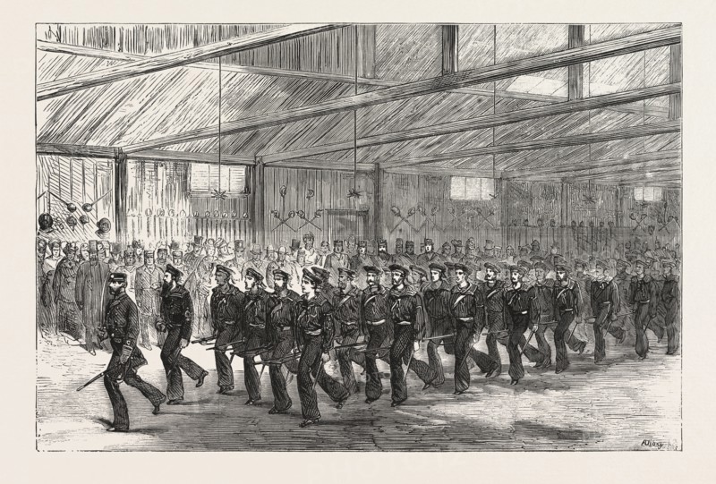 INSPECTION OF THE ROYAL NAVAL ARTILLERY VOLUNTEERS, BY ADMIRAL SIR W. TARLETON, K.C.B., WEST INDIA DOCKS, ON SATURDAY, 5TH INST. ENGRAVING 1876, UK, britain, british, europe, united kingdom, great britain, european