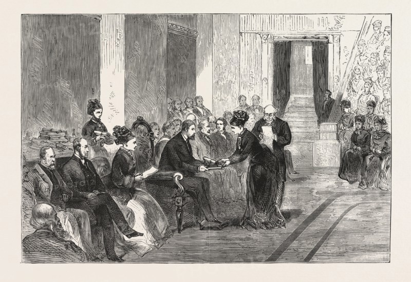 'THE DUKE OF EDINBURGH PRESENTING THE PRIZES TO THE SUCCESSFUL STUDENTS OF THE FEMALE SCHOOL OF ART, ON FRIDAY, FEBRUARY 25TH, IN THE THEATRE OF THE LONDON UNIVERSITY, 1876, ENGRAVING 1876, UK, britain, british, europe, united kingdom, great britain, european