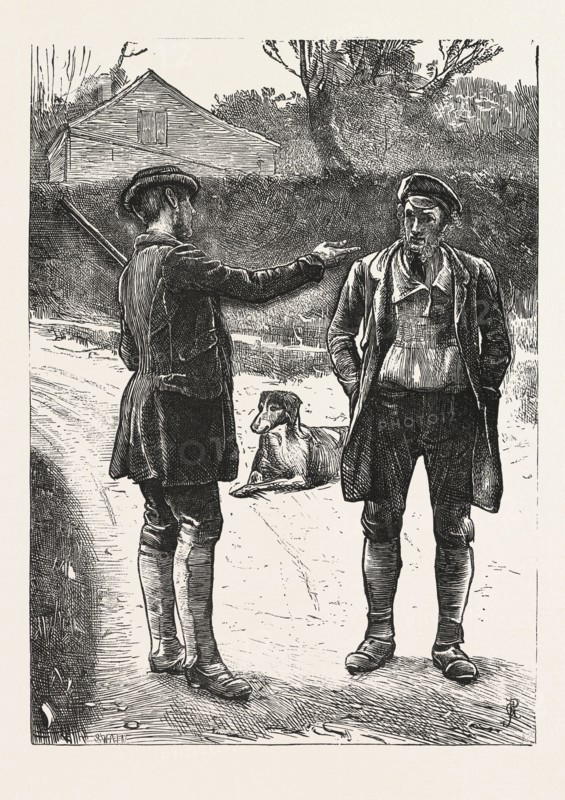 THE GAMEKEEPER. DRAWN BY THE LATE G. T. PINWELL, HUNT, HUNTING, ENGRAVING 1876, UK, britain, british, europe, united kingdom, great britain, european