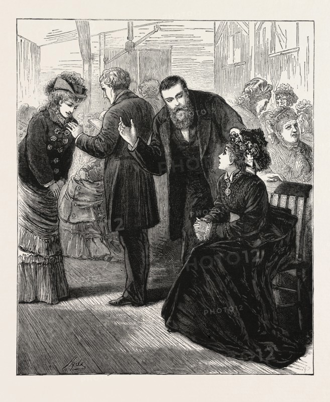 MESSRS. MOODY AND SANKEY AT THE HIPPODROME, NEW YORK : MR. MOODY PERSONALLY EXHORTING " PENITENTS" IN THE ROOM FOR THE WOMEN'S PRAYER- MEETING. ENGRAVING 1876, US, USA, AMERICA, United States