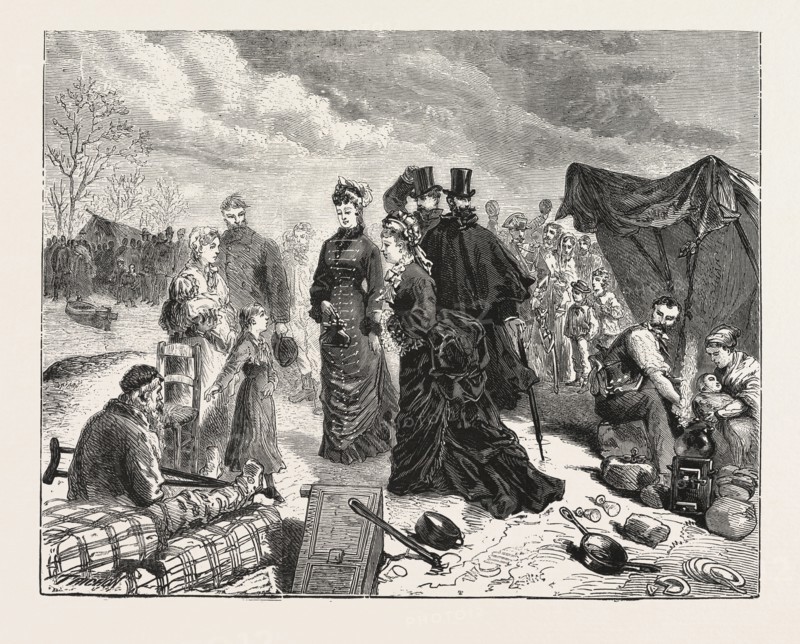 THE FLOODS IN AND AROUND PARIS : MADAME MACMAHON VISITING AND DISTRIBUTING RELIEF TO THE SUFFERERS. ENGRAVING 1876, France, europe