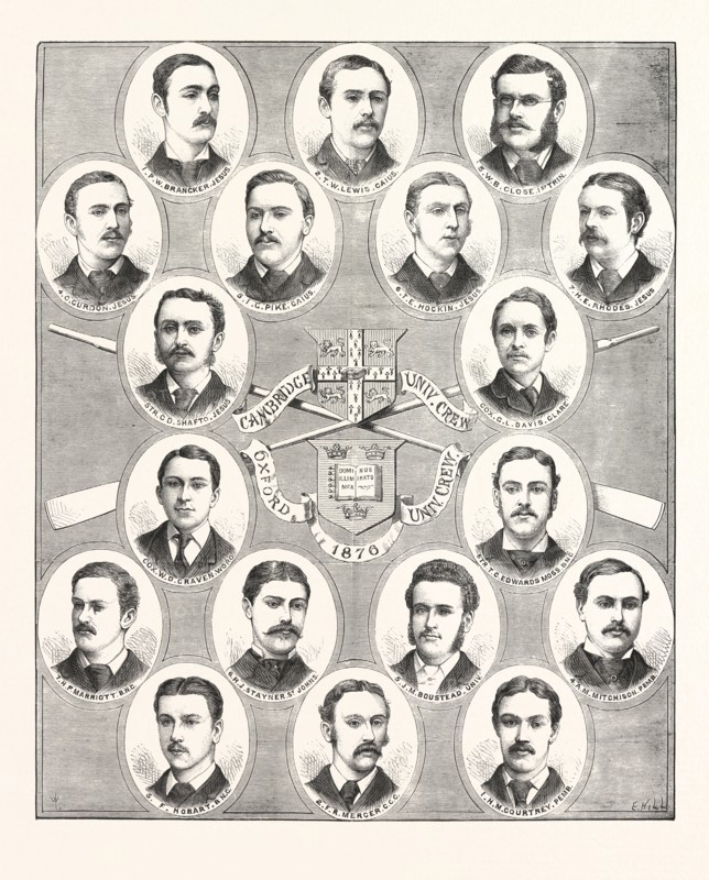 THE OXFORD AND CAMBRIDGE BOAT RACE, 1876.: PORTRAITS OF THE CREWS, ENGRAVING 1876, UK, britain, british, europe, united kingdom, great britain, european