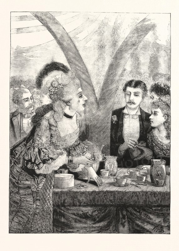 THE MARTHA WASHINGTON RECEPTION AND CENTENNIAL TEA-PARTY AT THE  ACADEMY OF MUSIC, IRVING AND NILSSON HALLS, NEW YORK,  IN AID OF THE FLOATING HOSPITAL OF ST. JOHN'S GUILD,  SERVING TEA AND SELLING CUPS AND SAUCERS, ENGRAVING 1876, US, USA, America, United States