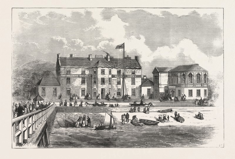 Under the New Management, the arrangements of the WILLIAMS-BULKELEY ARMS HOTEL are of the most complete character, thus offering to Visitors advantages hitherto unattainable. Beaumaris, Anglesey, ENGRAVING 1876, UK, britain, british, europe, united kingdom, great britain, european