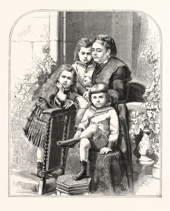 PRINCESS MARY, PRINCE FRANCIS,  PRINCE ADOLPHUS, THE DUCHESS OF TECK, PRINCESS MARY OF CAMBRIDGE AND CHILDREN, ENGRAVING 1876, UK, britain, british, europe, united kingdom, great britain, european