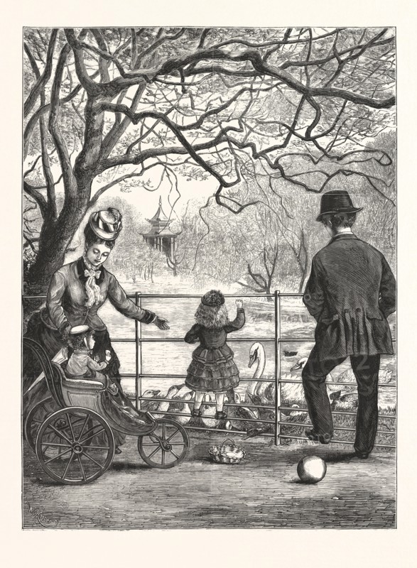 THE EASTER HOLIDAYS: FEEDING THE WATER-FOWL IN VICTORIA PARK, LONDON, ENGRAVING 1876, UK, britain, british, europe, united kingdom, great britain, european