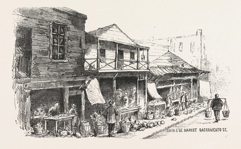 CHINESE MARKET SACRAMENTO STREET, THE CHINESE QUARTERS, SAN FRANCISCO, ENGRAVING 1876, US, USA, America, United States