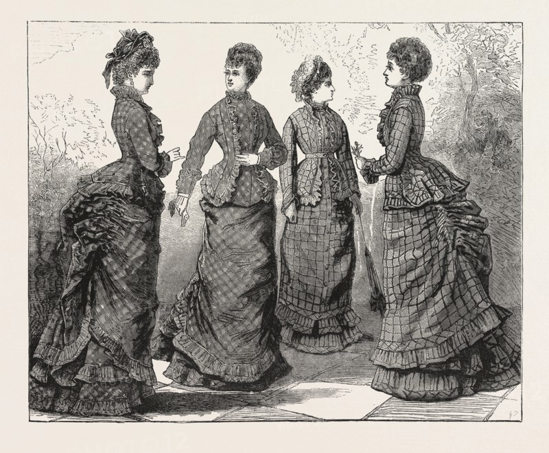 CONTINENAL BASQUE, LONG ROUND OVERSKIRT, AND WALKING SKIRT, BACK AND FRONT, fashion for april, ENGRAVING 1876,