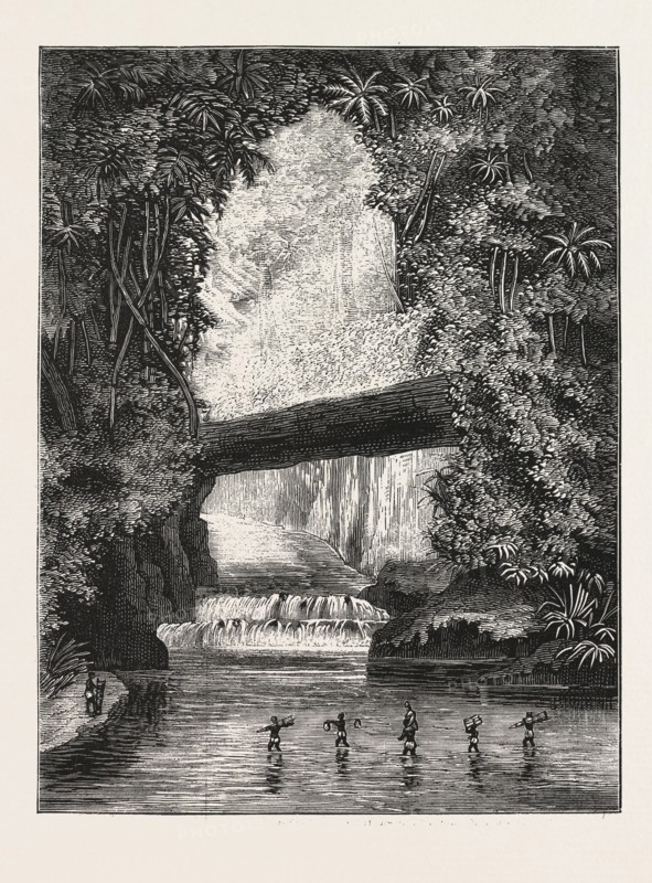 Central African exploration with Lieut. Cameron, crossing Lugungwa river, engraving 1876