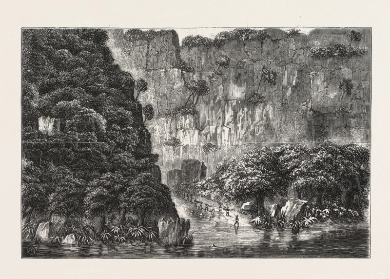 Central African exploration with Lieut. Cameron, ROCKY GORGE BETWEEN KIBAIGELI AND MWEHA, engraving 1876