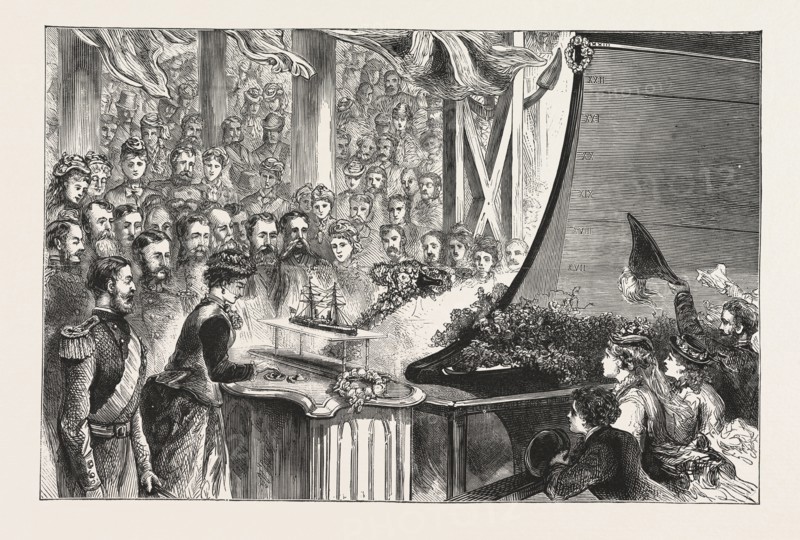 THE PRINCESS LOUISE AT PORTSMOUTH, CHRISTENING OF THE INFLEXIBLE, ENGRAVING 1876, UK, britain, british, europe, united kingdom, great britain, european