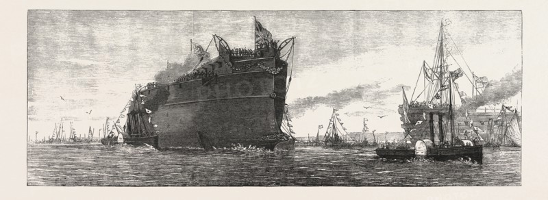 THE INFLEXIBLE  BEING TOWED TO HER MOORINGS. ENGRAVING 1876, UK, britain, british, europe, united kingdom, great britain, european