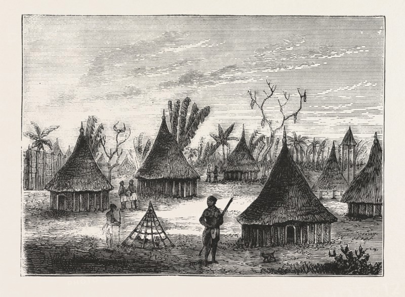 LIEUTENANT CAMERON IN CENTRAL AFRICA, SONA BAZH, A ULUNDO VILLAGE ON THE FRONTIER OF TOVALE, ENGRAVING 1876
