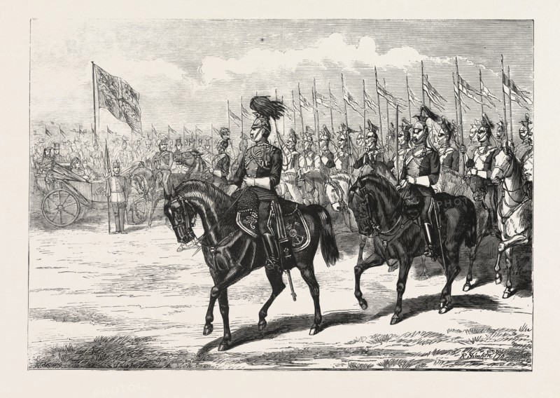 GRAND REVIEW AT ALDERSHOT BEFORE HER MAJESTY THE QUEEN, MARCH PAST OF THE 5TH ROYAL IRISH LANCERS, ENGRAVING 1876, UK