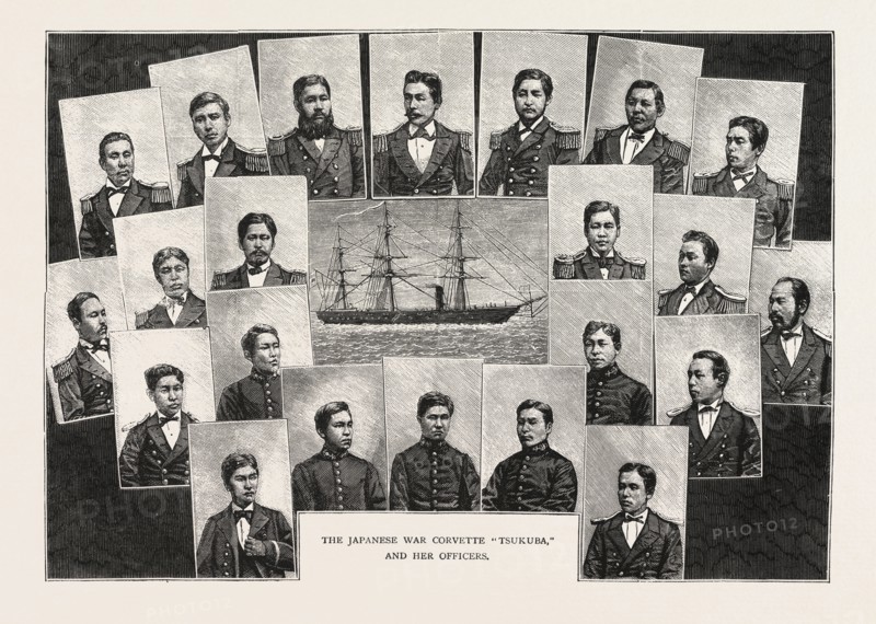 THE JAPANESE WAR CORVETTE TSUKUBA AND HER OFFICERS, ENGRAVING 1876
