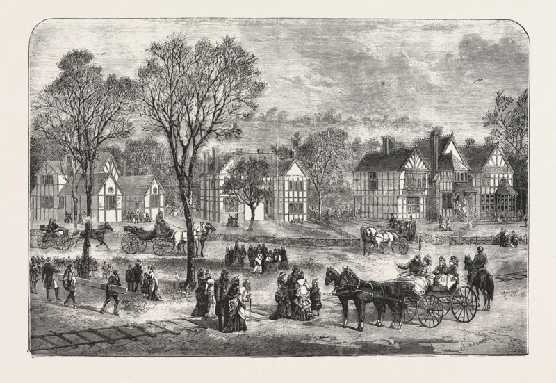 THE PHILADELPHIA CENTENNIAL EXHIBITION, ENGLISH COTTAGES ERECTED FOR THE BRITISH COMMISSIONERS, ENGRAVING 1876, USA