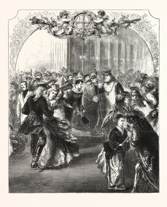 FANCY DRESS BALL AT THE MANSION HOUSE, TUESDAY, MAY 30TH : THE RIGHT HON. W. J. R. COTTON, M.P., LORD MAYOR, AS THE EMPEROR CHARLEMAGNE, RECEIVING THE GUESTS, ENGRAVING 1876, UK, britain, british, europe, united kingdom, great britain, european